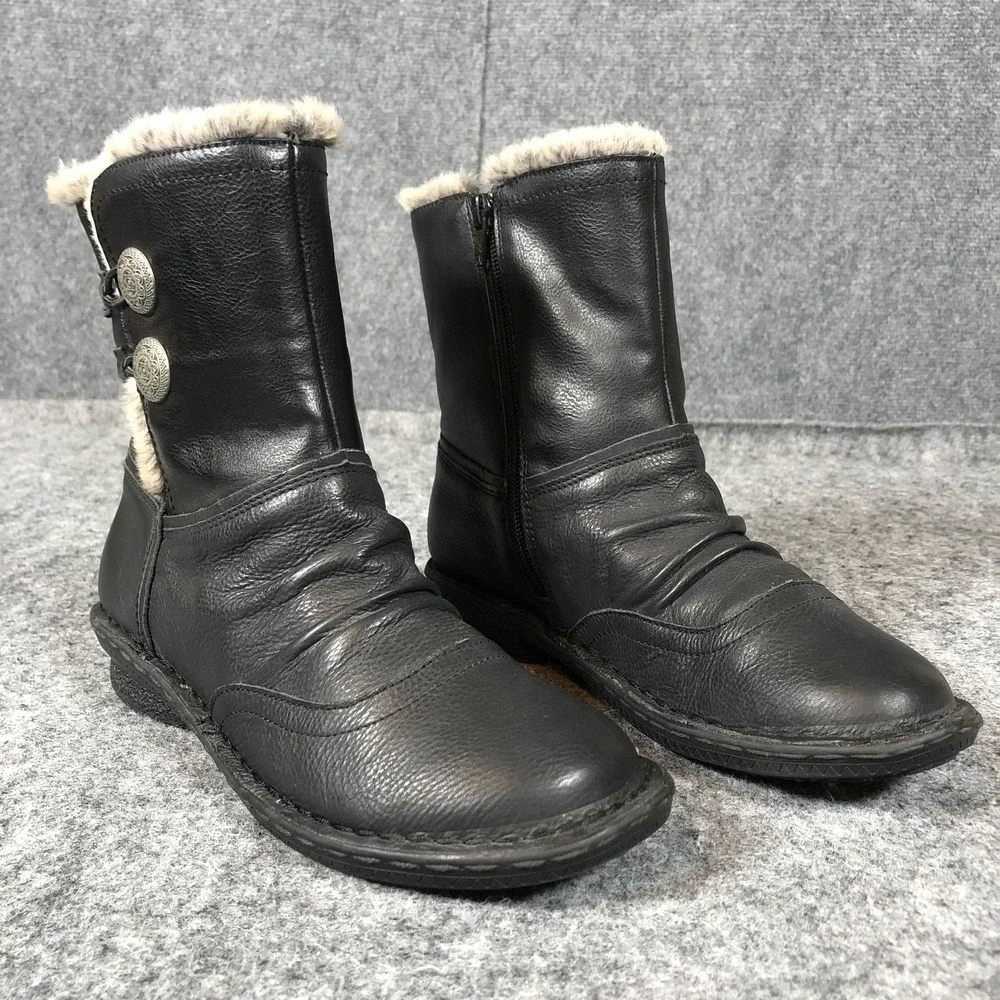 Tara M Boots Womens Size 7.5 Black Leather Ankle Faux Fur Lined Wedge Winter‎